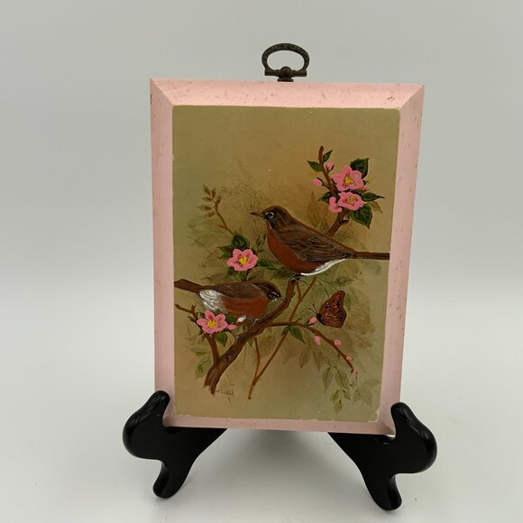 Vintage Merri-Mates Painted Birds, Pink Flowers, Pink Wood 7 1/2" Tall - Picture 5 of 5